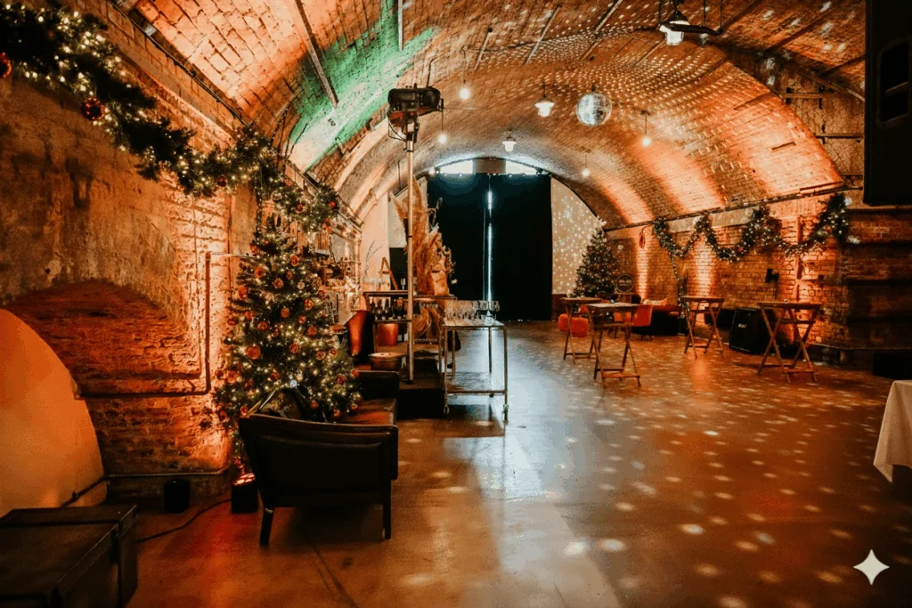 Christmas party space in a brick railway arch with festive trees and lighting