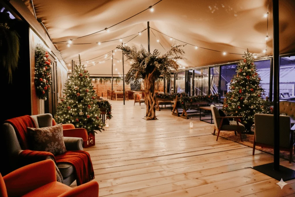 Christmas party venue with decorated trees, lounge seating and festoon lights