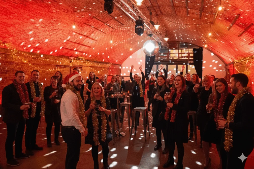 Guests celebrating at a corporate Christmas party beneath a disco ball